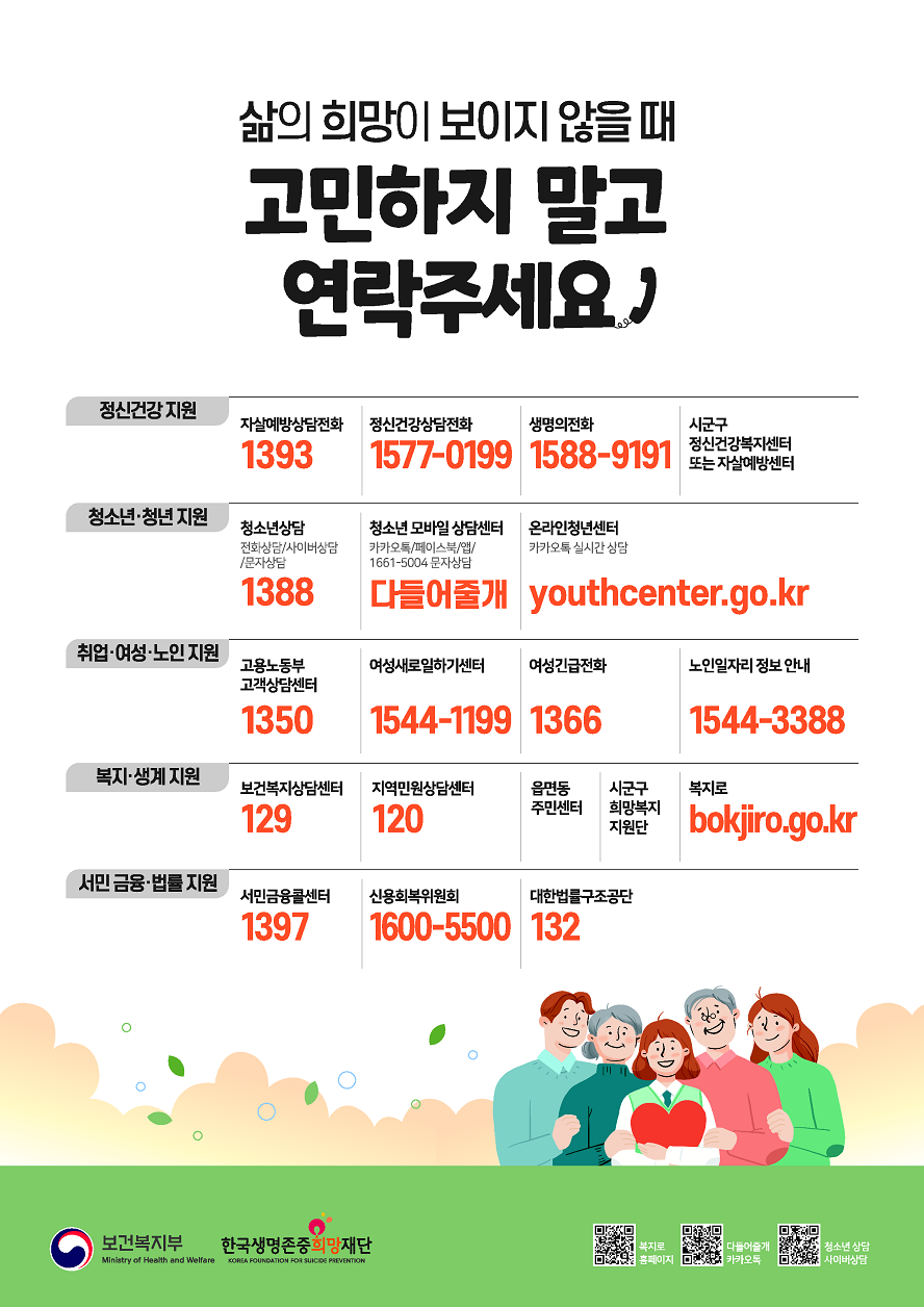삶의 희망이 보이지 않을 때 고민하지 말고 연락주세요 정신건강 지원 자살예방상담전화 1393 정신건강상담전화 1577-0199 생명의전화 1588-9191 시군구 정신건강복지센터 또는 자살예방센터 청소년/ 청년 지원 정소년 상담 전화상담/사이버상담/문자상담 1388 청소년 모바일 상담센터 카카오톡/페이스북/앱/ 1661-5004 문자상담 다들어줄개 온라인청년센터 카카오톡 실시간 상담 youthcenter.go.kr 취업여성노인 지원 고용노동부 고객상담센터 1350 여성새로일하기센터 1544-1199 여성긴급전화 1366 노인일자리 정보 안내 1544-3388 복지생계 지원 보건복지상담센터 129 지역민원상담센터 120 읍면동 주민센터 시군구 희망복지지원단 복지로 bokjiro.go.kr 서민금융 법률 지원 서민금융콜센터 1397 신용회복위원회 1600-5500 대한법률구조공단 132 보건복지부 한국생명존중희망재단